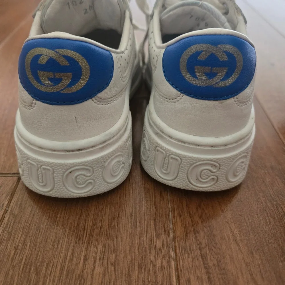 Gucci Kids Web Detail Leather Sneakers White Red Green Stripe Blue 26 US 9.5
